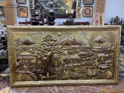 Tranh Cội Nguồn Quê Hương chạm tam khí khung đồng 1m7 x 90cm