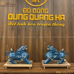 Tỳ Hưu phong thủy bằng đồng vàng tráng men đá xanh 25x36 cm
