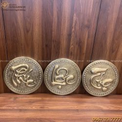 Tranh chữ Phúc Lộc Thọ bằng đồng vàng hun giả cổ đường kính 30cm