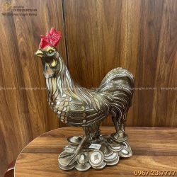 Tượng gà phong thủy cao 40 cm bằng đồng đỏ khảm ngũ sắc