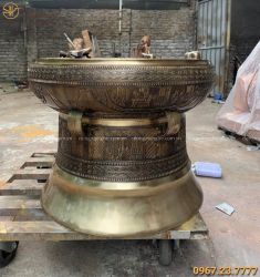 Quả trống đồng phong thủy cổ kính bằng đồng vàng cao 70cm
