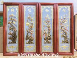 Bộ tranh Tứ Quý bằng đồng vàng nền xám tinh xảo 1m2 x 40cm
