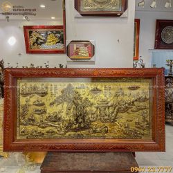 Tranh đồng quê bằng đồng xước giả cổ khung gỗ gụ 2m3 x 1m2