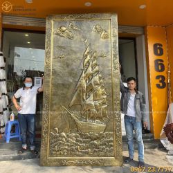 Tranh phù điêu Thuận Buồm Xuôi Gió đồng vàng hun giả cổ 3m1 x 1m6