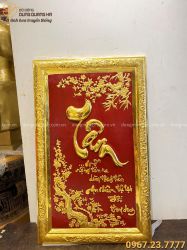 Tranh chữ Tâm bằng đồng vàng thếp vàng kích thước 55x88 cm