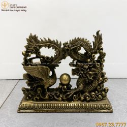 Tượng rồng phượng chầu ngọc phong thủy bằng đồng vàng 16x20x6 cm