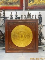 Tranh mặt trống đồng 80cm thếp vàng 9999 khung gỗ gụ 1m17