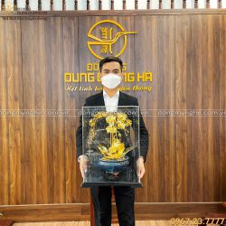 Chậu lan hồ điệp bằng đồng 5 cành mạ vàng cao 38 cm