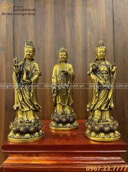 Bộ tượng Tây Phương Tam Thánh đứng bằng đồng vàng cao 36cm