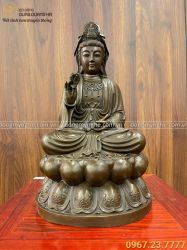 Tượng Phật Quan Âm bằng đồng vàng hun giả cổ 40 x 21 x 21 cm nặng 5kg