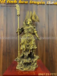 Tượng Quan Công đồng vàng đứng bệ rồng ngũ kỳ lệnh 50x24x20cm nặng 10,5kg