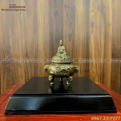 Lư xông trầm đồng vàng giả cổ họa tiết sen nắp Quan Âm 15cm