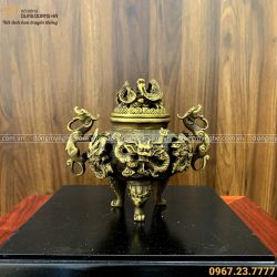 Lư xông trầm cổ điển hình rồng 15cm bằng đồng vàng hun