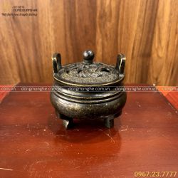 Lư đốt trầm hương dáng tròn họa tiết rồng 8cm đồng vàng hun