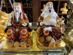 Tượng Thần Tài Thổ Địa mặc áo gấm bằng đá thếp vàng cao 25cm