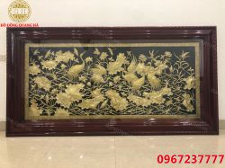 Tranh Sen Hạc Bằng Đồng Vàng Dài 2m3x1m15 Chạm Thủ Công