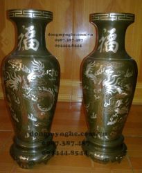 Lọ hoa bằng đồng đỏ khảm bạc cao 38 cm