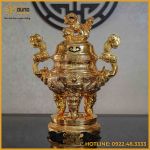 Đỉnh song long chầu nguyệt đồng đỏ mạ vàng tĩnh điện cao 50cm