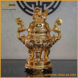 Đỉnh song long chầu nguyệt đồng đỏ mạ vàng tĩnh điện cao 50cm