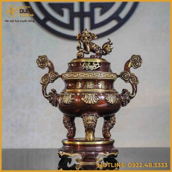 Đỉnh chạm sòi đồng vàng hai lai cao 45cm