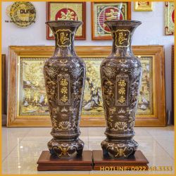 Đôi lọ lộc bình đồng đỏ khảm tam khí dát điểm vàng cao 1m2