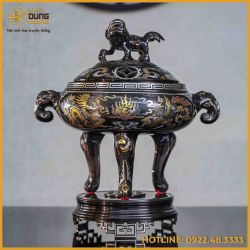 Lư đỉnh đốt trầm đồng đỏ khảm ngũ sắc cao 35cm