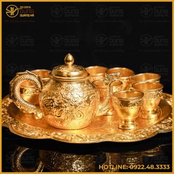 Bộ ấm 10 chén đồng vàng dát vàng cao cấp
