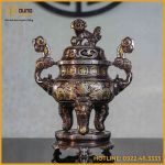 Đỉnh song long chầu nguyệt đồng đỏ khảm ngũ sắc cao 40cm