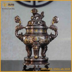Đỉnh song long chầu nguyệt đồng đỏ khảm ngũ sắc cao 40cm