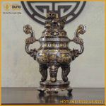 Đỉnh song long chầu nguyệt đồng đỏ khảm ngũ sắc cao 65cm