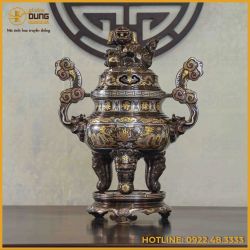 Đỉnh song long chầu nguyệt đồng đỏ khảm ngũ sắc cao 65cm