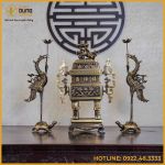 Bộ tam sự hạc đỉnh vuông song long chầu nguyệt đồng vàng hai công nghệ cao 65cm