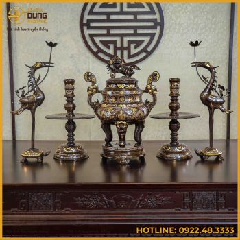 Bộ ngũ sự song long chầu nguyệt đồng đỏ khảm tam khí dát điểm vàng cao 60cm