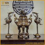 Bộ tam sự hạc song long chầu nguyệt đồng đỏ khảm tam khí dát điểm vàng cao 60cm