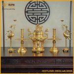 Bộ ngũ sự song long chầu nguyệt đồng đỏ dát vàng cao 60cm
