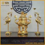 Bộ tam sự hạc song long chầu nguyệt đồng đỏ dát vàng cao 60cm