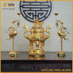 Bộ tam sự hạc song long chầu nguyệt đồng đỏ dát vàng cao 60cm