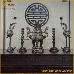 Bộ ngũ sự song long chầu nguyệt đồng đỏ khảm ngũ sắc cao 65cm