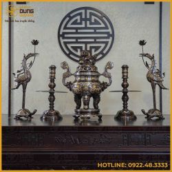 Bộ ngũ sự song long chầu nguyệt đồng đỏ khảm ngũ sắc cao 65cm