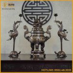 Bộ tam sự hạc song long chầu nguyệt đồng đỏ khảm ngũ sắc cao 65cm