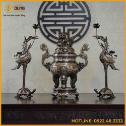 Bộ tam sự hạc song long chầu nguyệt đồng đỏ khảm ngũ sắc cao 65cm