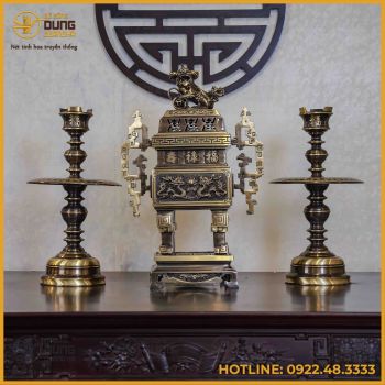 Bộ tam sự nến đỉnh vuông đồng vàng hai công nghệ cao 65cm