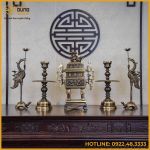 Bộ ngũ sự đỉnh vuông song long chầu nguyệt đồng vàng hai công nghệ cao 65cm