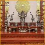 Bộ ngũ sự song long chầu nguyệt đồng đỏ khảm ngũ sắc cao 60cm
