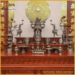 Bộ ngũ sự song long chầu nguyệt đồng đỏ khảm ngũ sắc cao 60cm