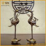 Đôi hạc đồng đỏ khảm tam khí dát điểm vàng cao 60cm