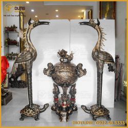 Bộ tam sự hạc cao 1m92 và đỉnh cầu cao 1m34 đồng đỏ cạo màu