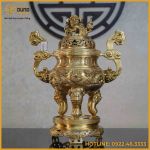 Đỉnh song long chầu nguyệt đồng vàng mộc cao 50cm