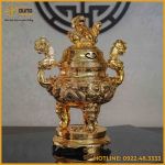 Đỉnh song long chầu nguyệt đồng đỏ mạ vàng tĩnh điện cao 50cm