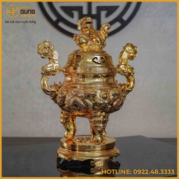 Đỉnh song long chầu nguyệt đồng đỏ mạ vàng tĩnh điện cao 50cm